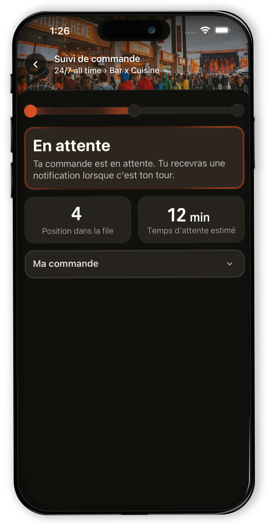 Écran de l’app Yugo montrant une commande en attente dans la file virtuelle