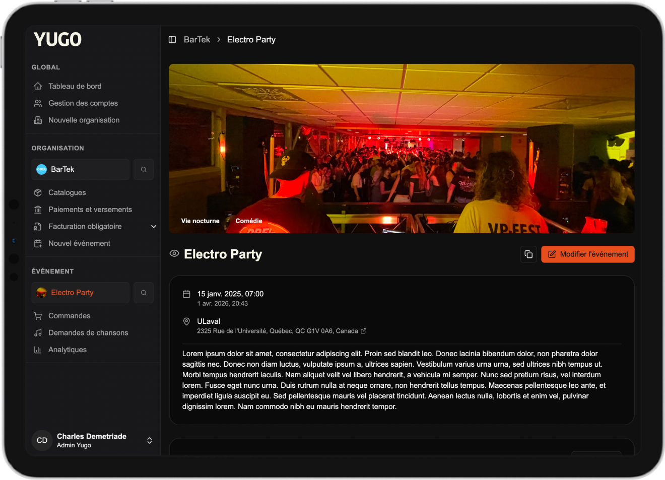 Page événement Yugo.