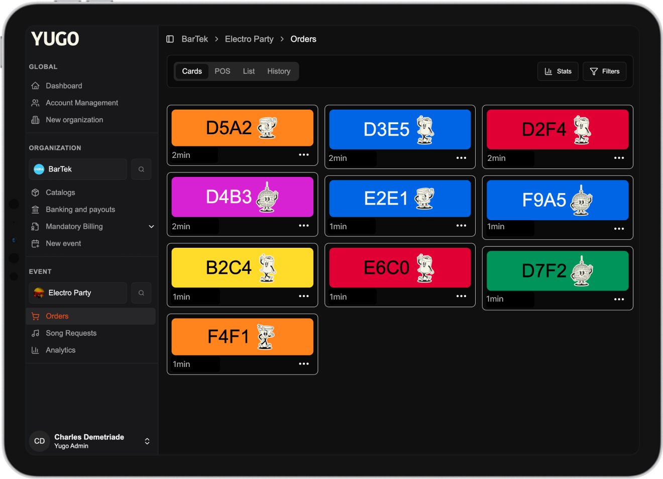 Yugo orders board — incoming orders arrive automatically, no manual entry.