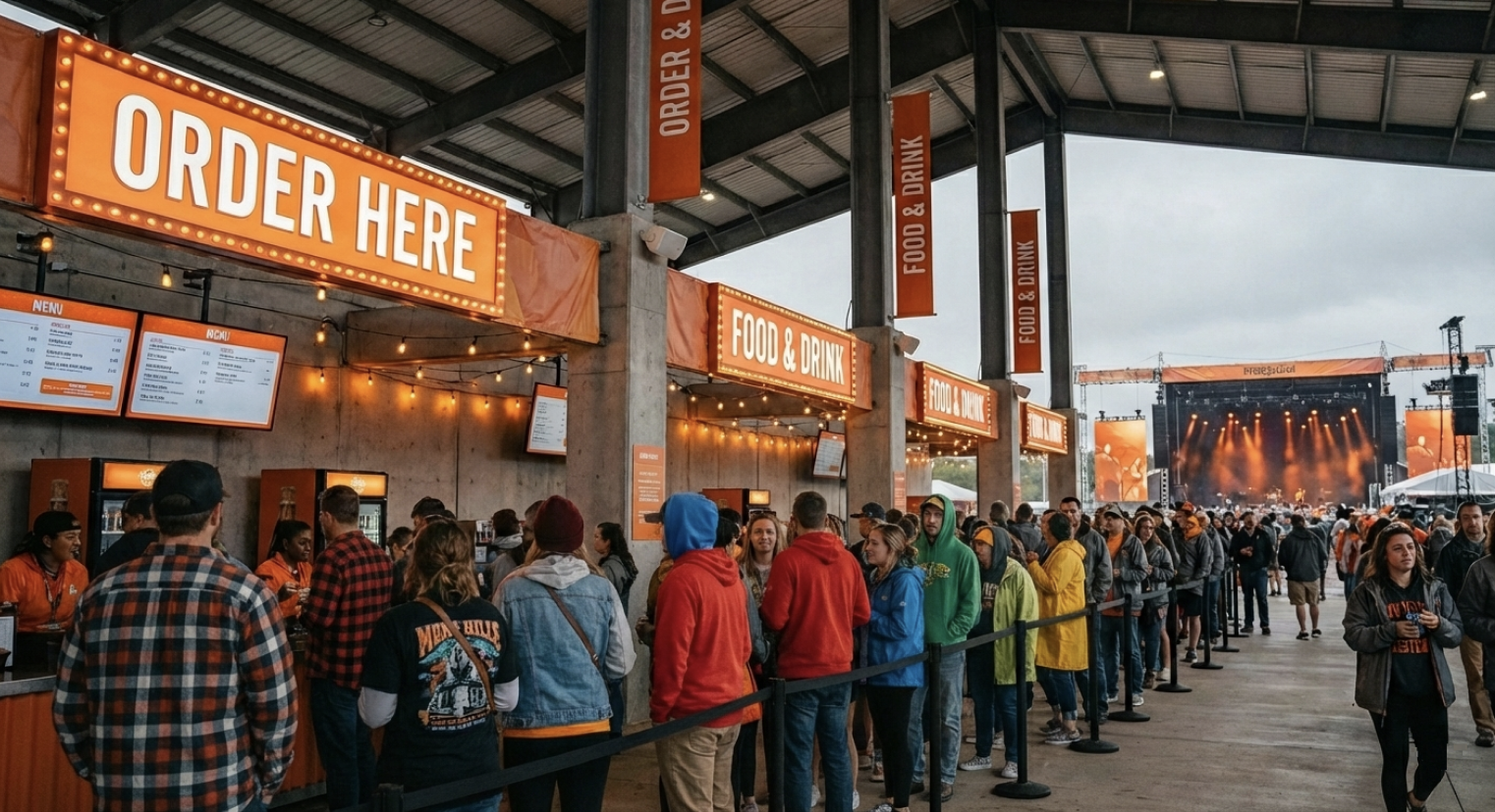 Long queues of people waiting at food and drink stands at an outdoor event